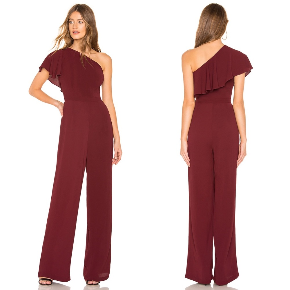 BB Dakota Burgundy Crepe One Shoulder Jumpsuit